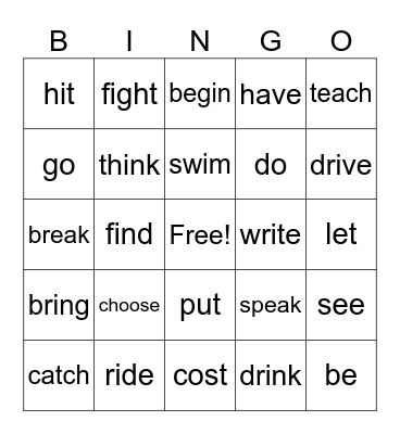 Verbs - Base Forms Bingo Card