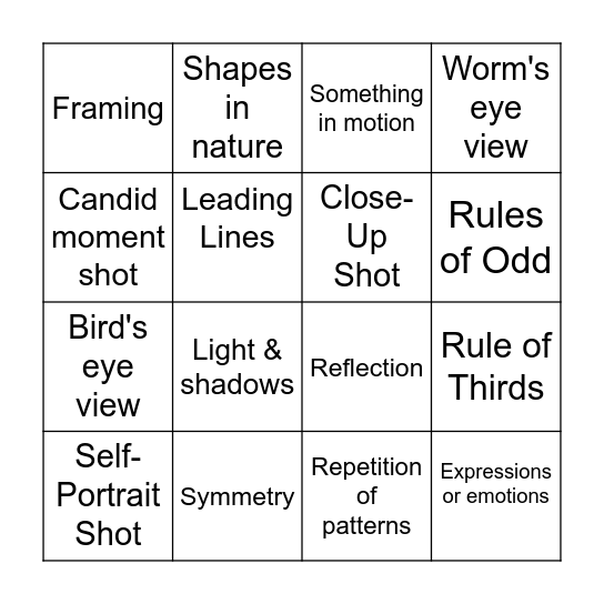 Sec 3 Art Photography Bingo! Bingo Card