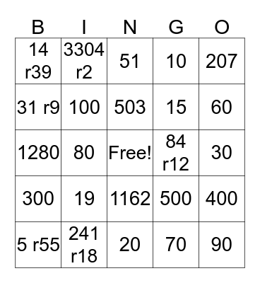 LONG DIVISION BINGO Card