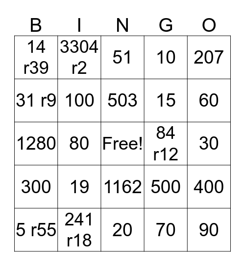 LONG DIVISION BINGO Card