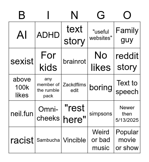 Youtube shorts Bingo Card