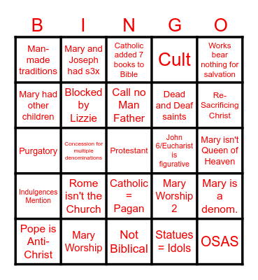 Anti-Catholic Bingo Card
