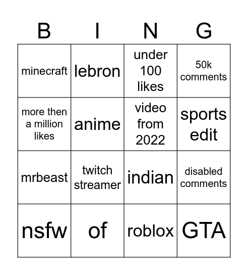 youtube shorts Bingo Card