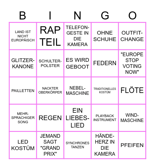 MEGA GEILES EUROVISION BINGO Card