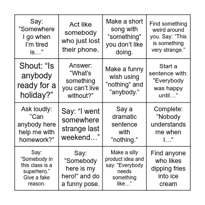 Indefinite Pronoun Bingo Card