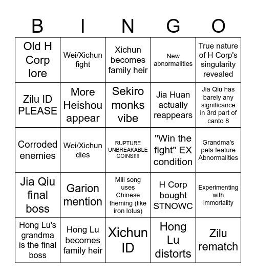 Canto 8 Bingo Card