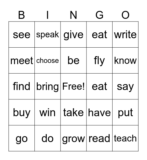 irregular verbs Bingo Card