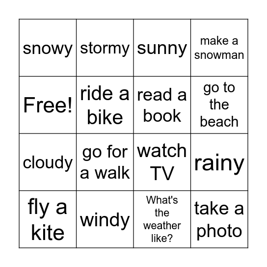 2 klasa, Unit 8 Bingo Card
