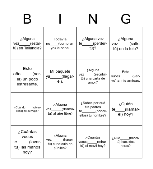 Bingo pretérito perfecto compuesto Bingo Card