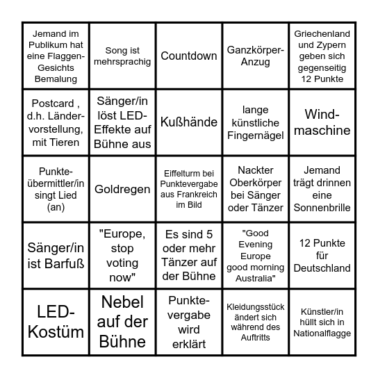 ESC 2025 Bingo Card