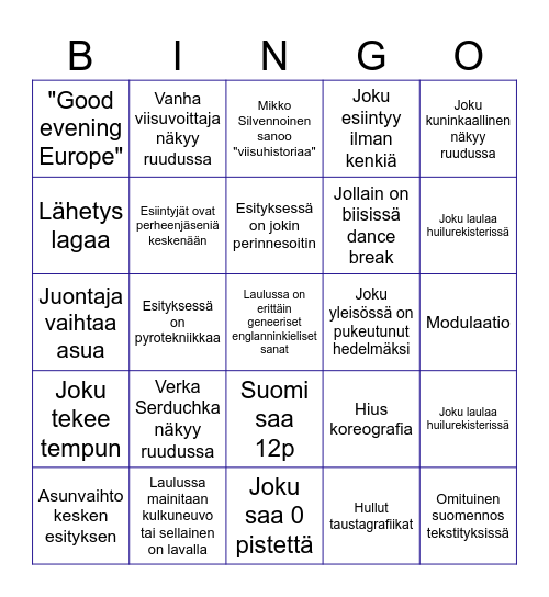 Euroviisu Bingo Card