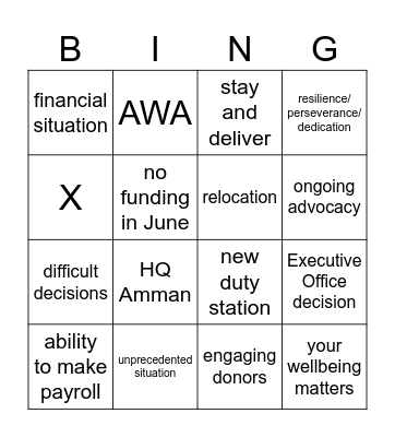 International staff briefing Bingo Card
