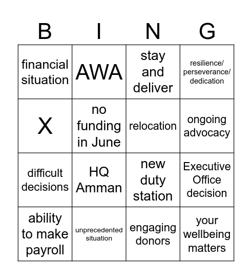 International staff briefing Bingo Card