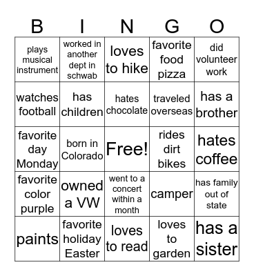 Getting to know you Bingo Card