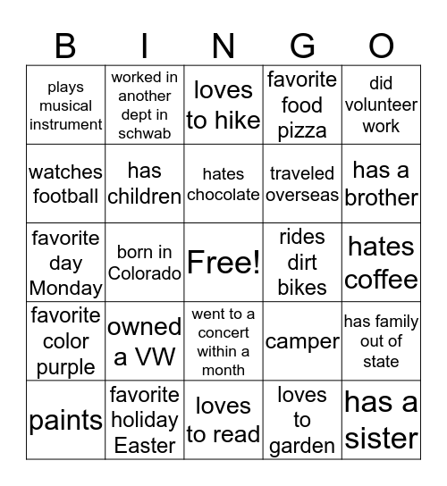 Getting to know you Bingo Card