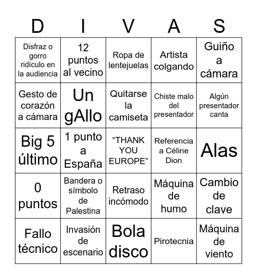El bingo de las perras eurovisivas Bingo Card