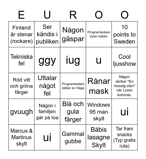 EUROVISION Bingo Card