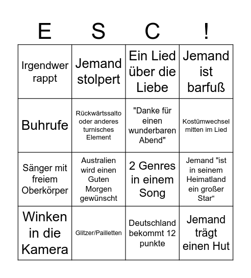 ESC 2025 Bingo Card