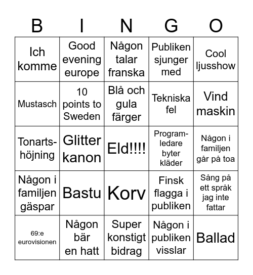 EUROVISION Bingo Card