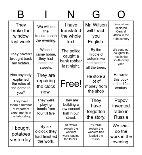 Passive Voice Bingo Card