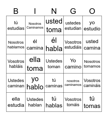 Spanish -AR verbs Bingo Card