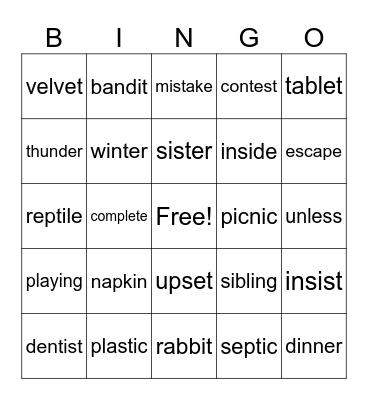 Non Twin Syllable Division BINGO Card