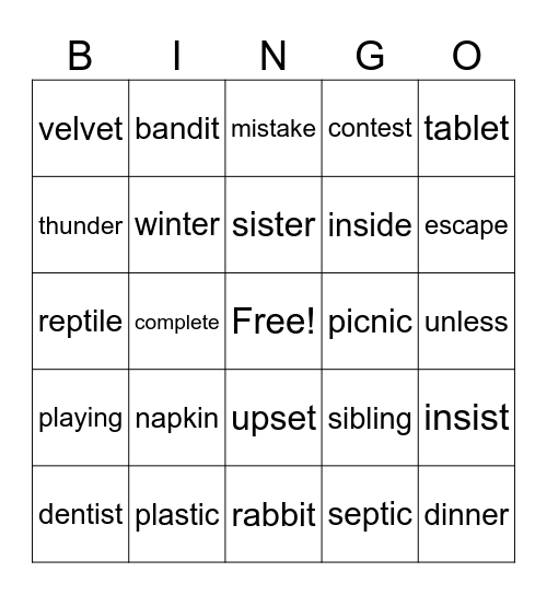 Non Twin Syllable Division BINGO Card