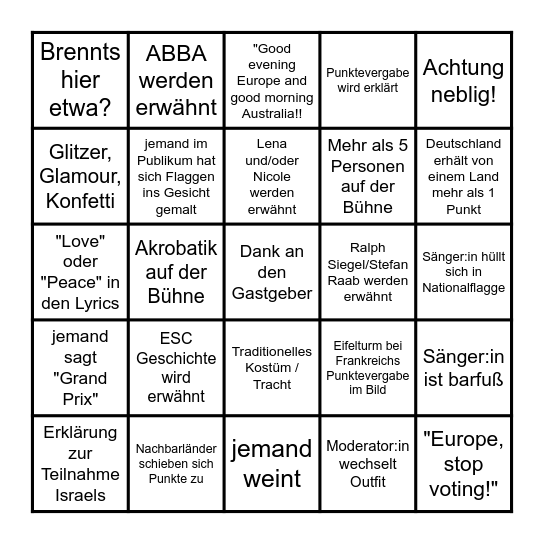 ESC Deutsch Bingo Card