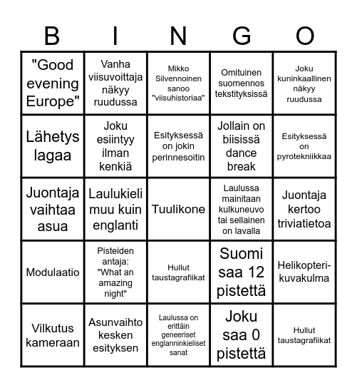 Euroviisut 2025 Bingo Card