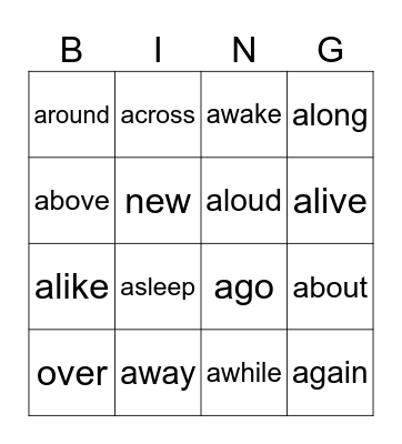prefix a- & sight words Bingo Card