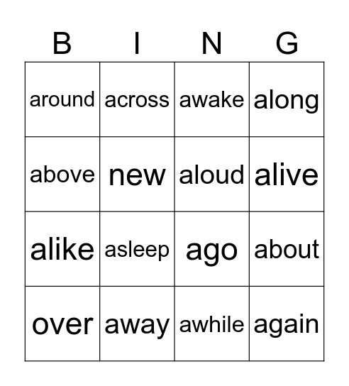 prefix a- & sight words Bingo Card