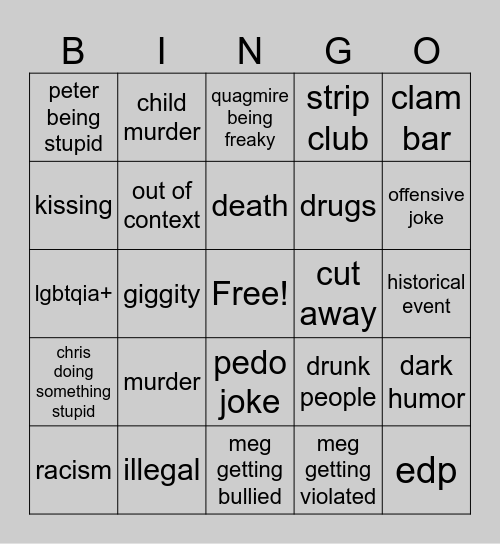 Family Guy Bingo Card