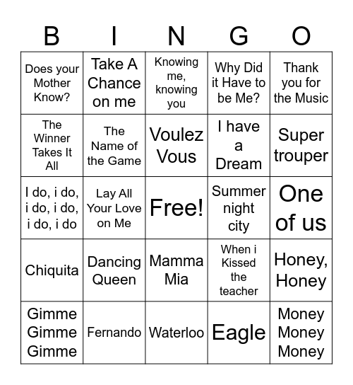 ALL ABOUT ABBA Bingo Card