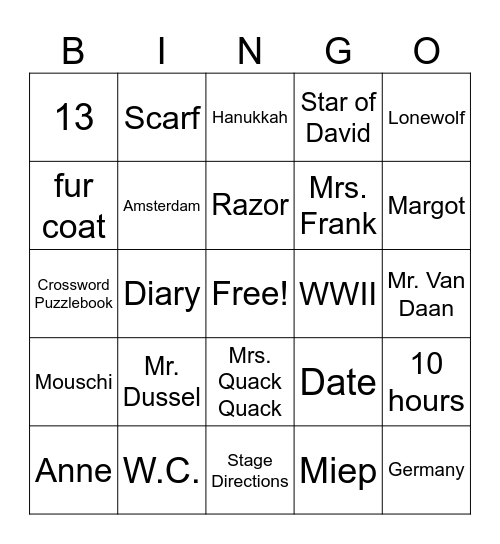 The Diary of Anne Frank Bingo Card