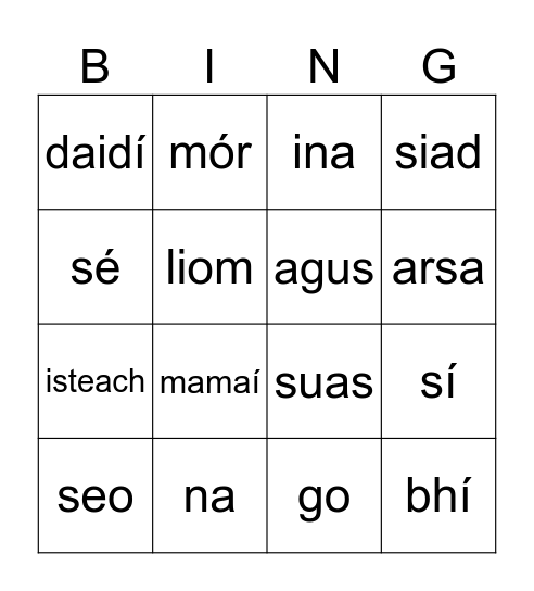 Spriocfhocail Bingo Card