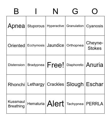 Physical Assessment Bingo Card