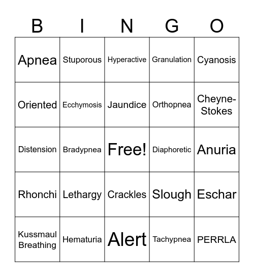Physical Assessment Bingo Card