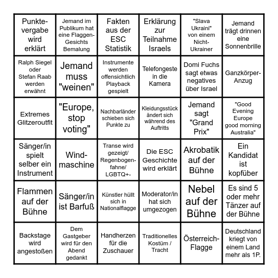 ESC Deutsch Bingo Card