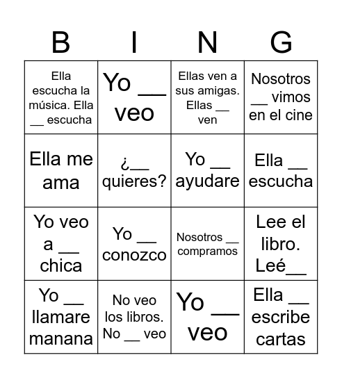 Direct Object Pronoun Bingo Card