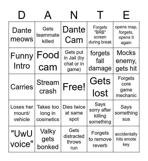 ValkyTheMeow Bingo Card