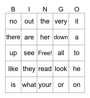 Sight Words Bingo Card
