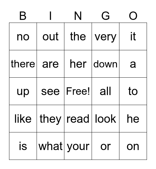 Sight Words Bingo Card