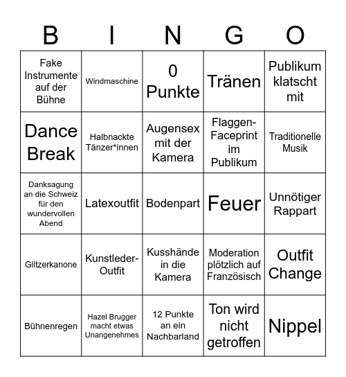 Eurovision Bingo Card