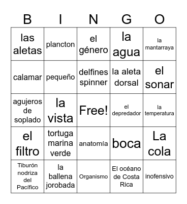 Sea life Bingo Card
