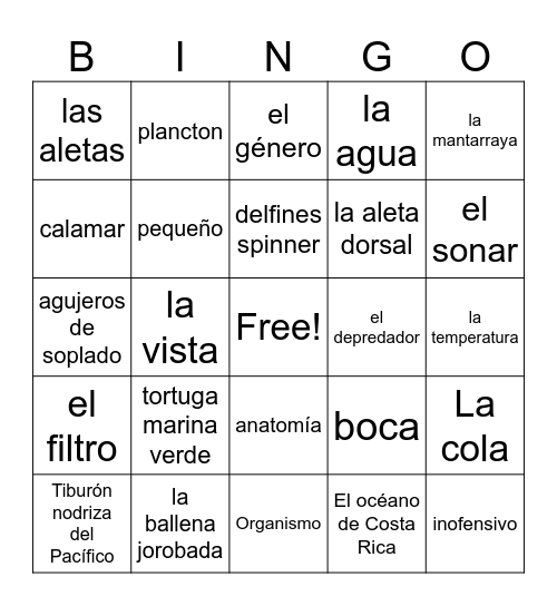 Sea life Bingo Card