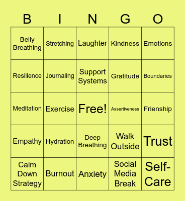 Mental Health Bingo Card