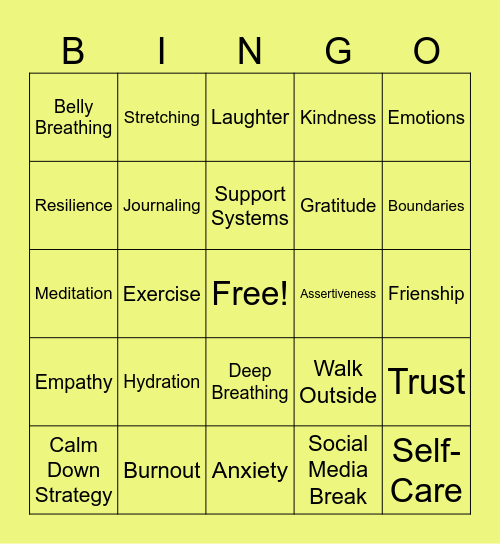 Mental Health Bingo Card