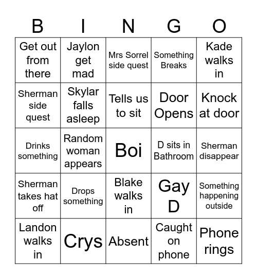 Shermans Class Bingo Card
