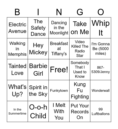 One Hit Wonders Bingo Card