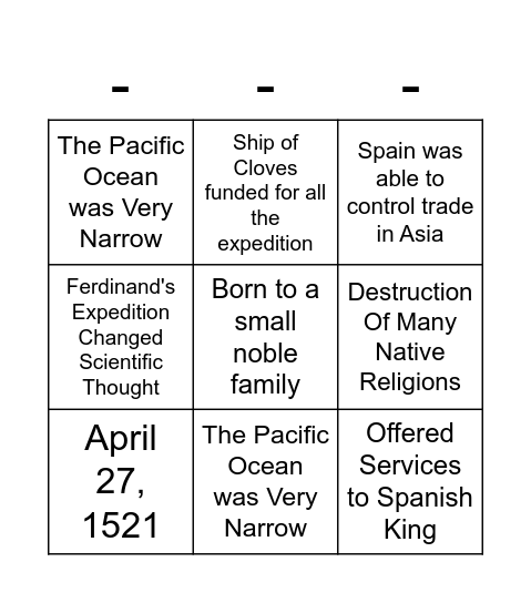 Ferdinand Magellan Bingo Card